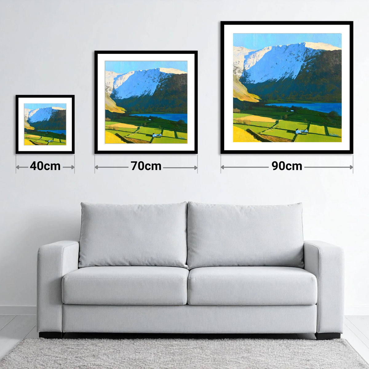 Sunlit Fields Below High Hartsop Dodd - size guide showing 40cm, 70cm and 90cm art prints