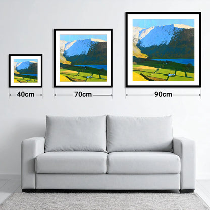 Sunlit Fields Below High Hartsop Dodd - size guide showing 40cm, 70cm and 90cm art prints