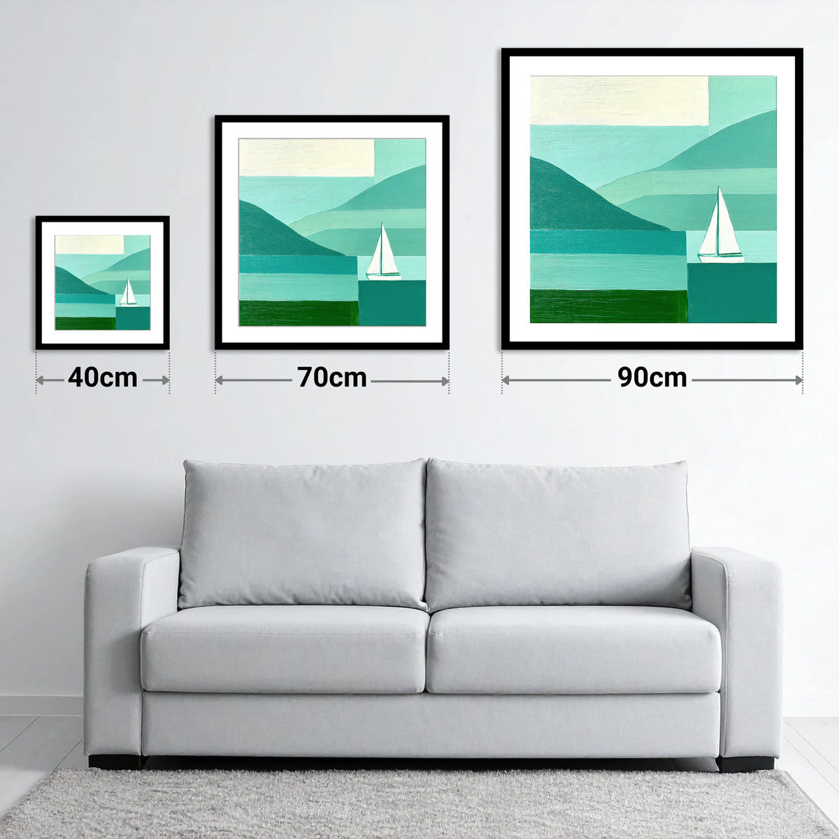 Geometric Lake District Sailboat - size guide showing 40cm, 70cm and 90cm art prints