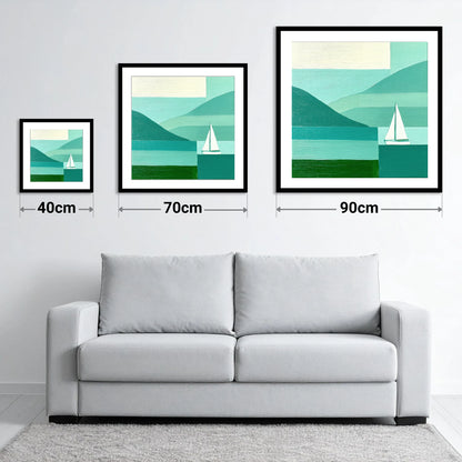 Geometric Lake District Sailboat - size guide showing 40cm, 70cm and 90cm art prints