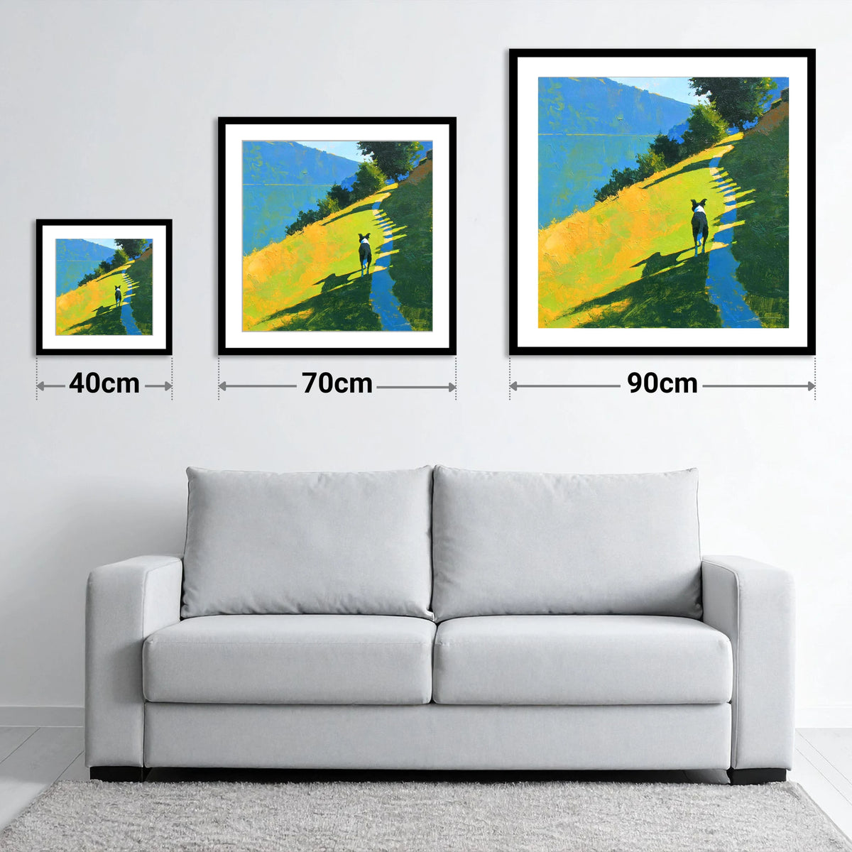 Collie on an Ambleside Path - size guide showing 40cm, 70cm and 90cm art prints