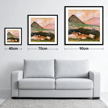 Haystacks Tarn in Warm Light - size guide showing 40cm, 70cm and 90cm art prints