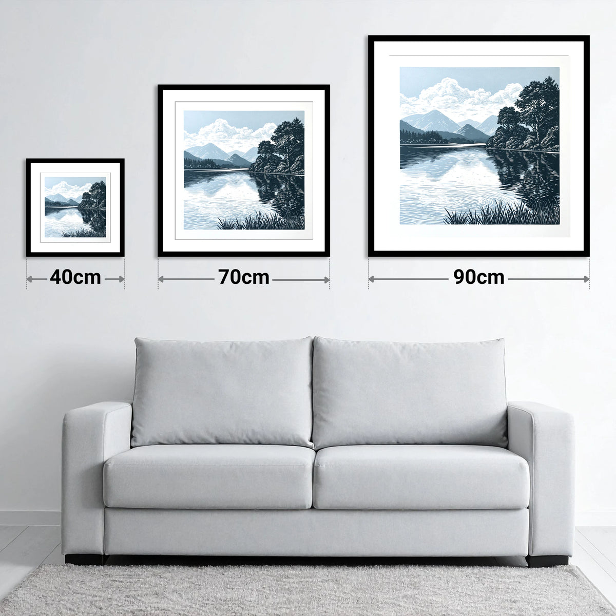 Navy Blue Lake Reflections - size guide showing 40cm, 70cm and 90cm art prints