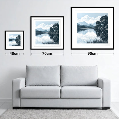 Navy Blue Lake Reflections - size guide showing 40cm, 70cm and 90cm art prints