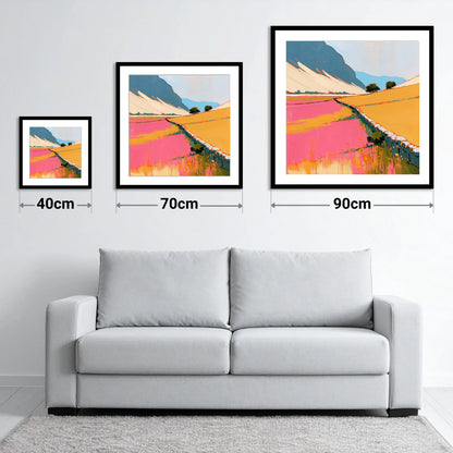 Bold Pink Valley Drystone Wall - size guide showing 40cm, 70cm and 90cm art prints