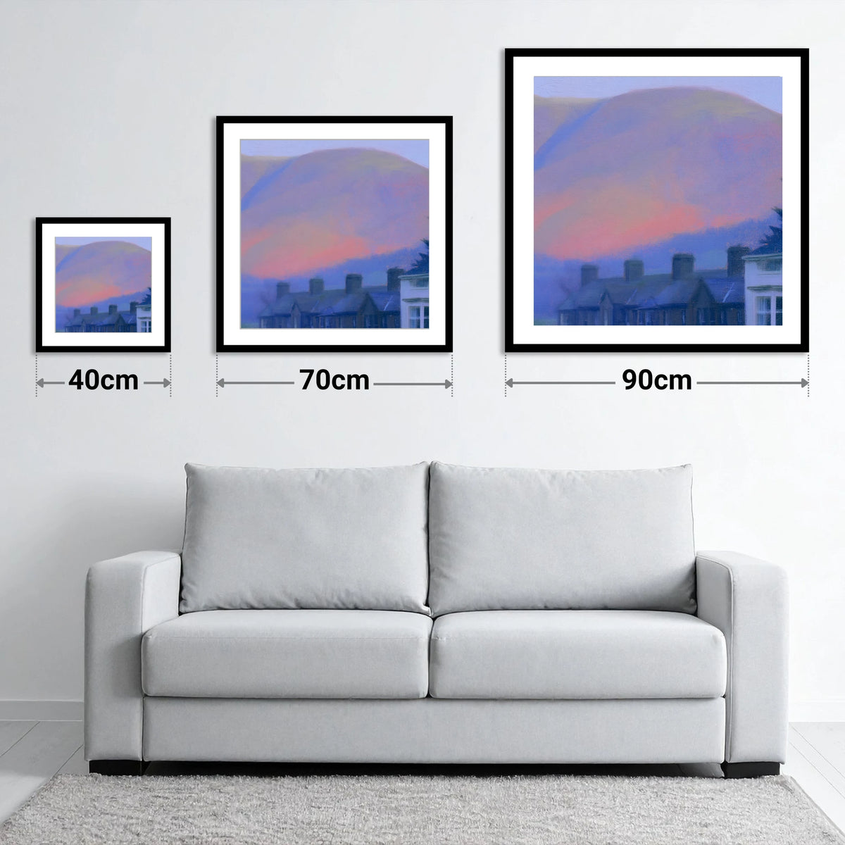 Keswick Terraces and Skiddaw Twilight - size guide showing 40cm, 70cm and 90cm art prints