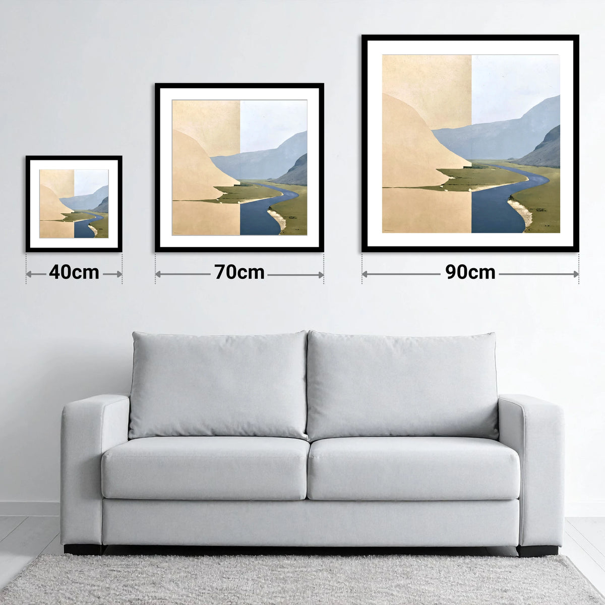 Meandering River through Ochre Valley Fells - size guide showing 40cm, 70cm and 90cm art prints