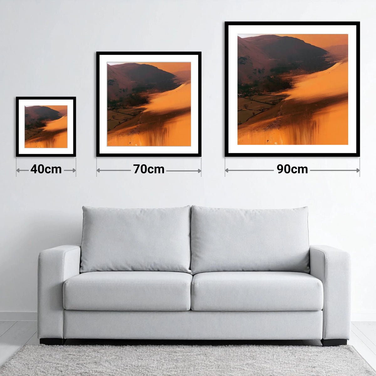 Amber Bracken Above Patterdale - size guide showing 40cm, 70cm and 90cm art prints