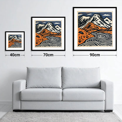 Bowfell in Navy and Terracotta - size guide showing 40cm, 70cm and 90cm art prints