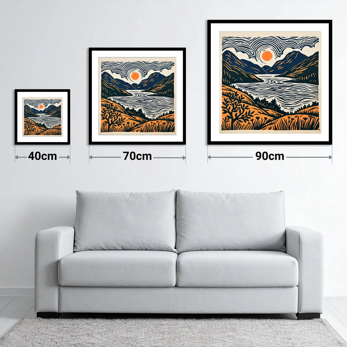 Orange Sun Over Ennerdale Water - size guide showing 40cm, 70cm and 90cm art prints