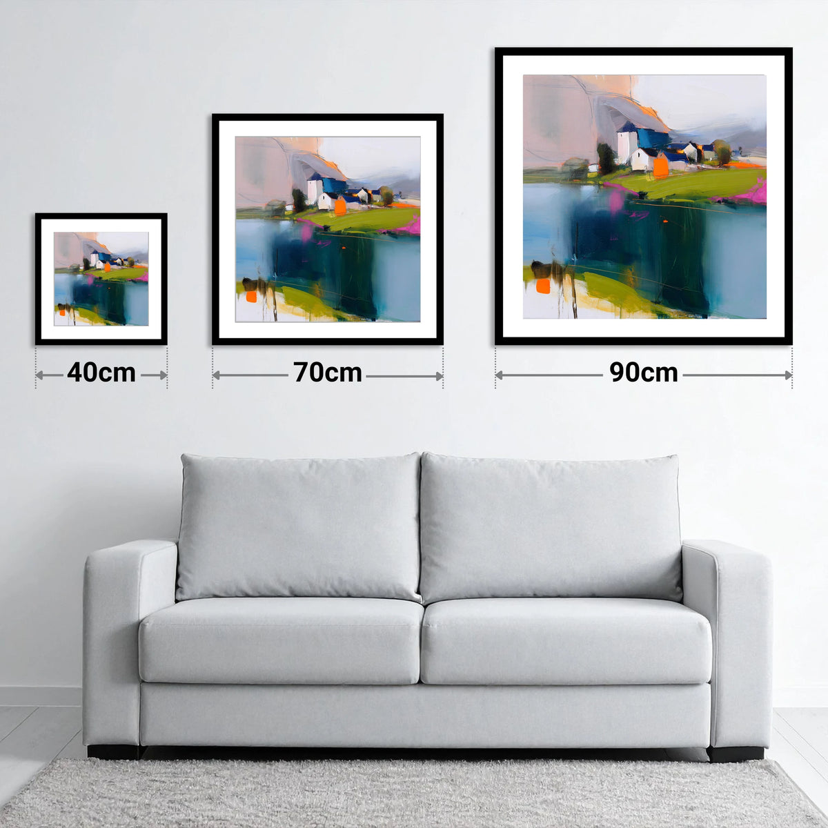 Vibrant Lakeside Village Reflections - size guide showing 40cm, 70cm and 90cm art prints