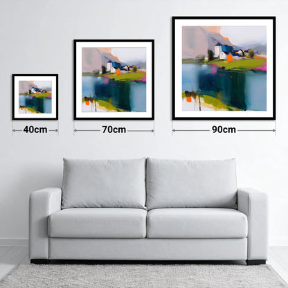 Vibrant Lakeside Village Reflections - size guide showing 40cm, 70cm and 90cm art prints