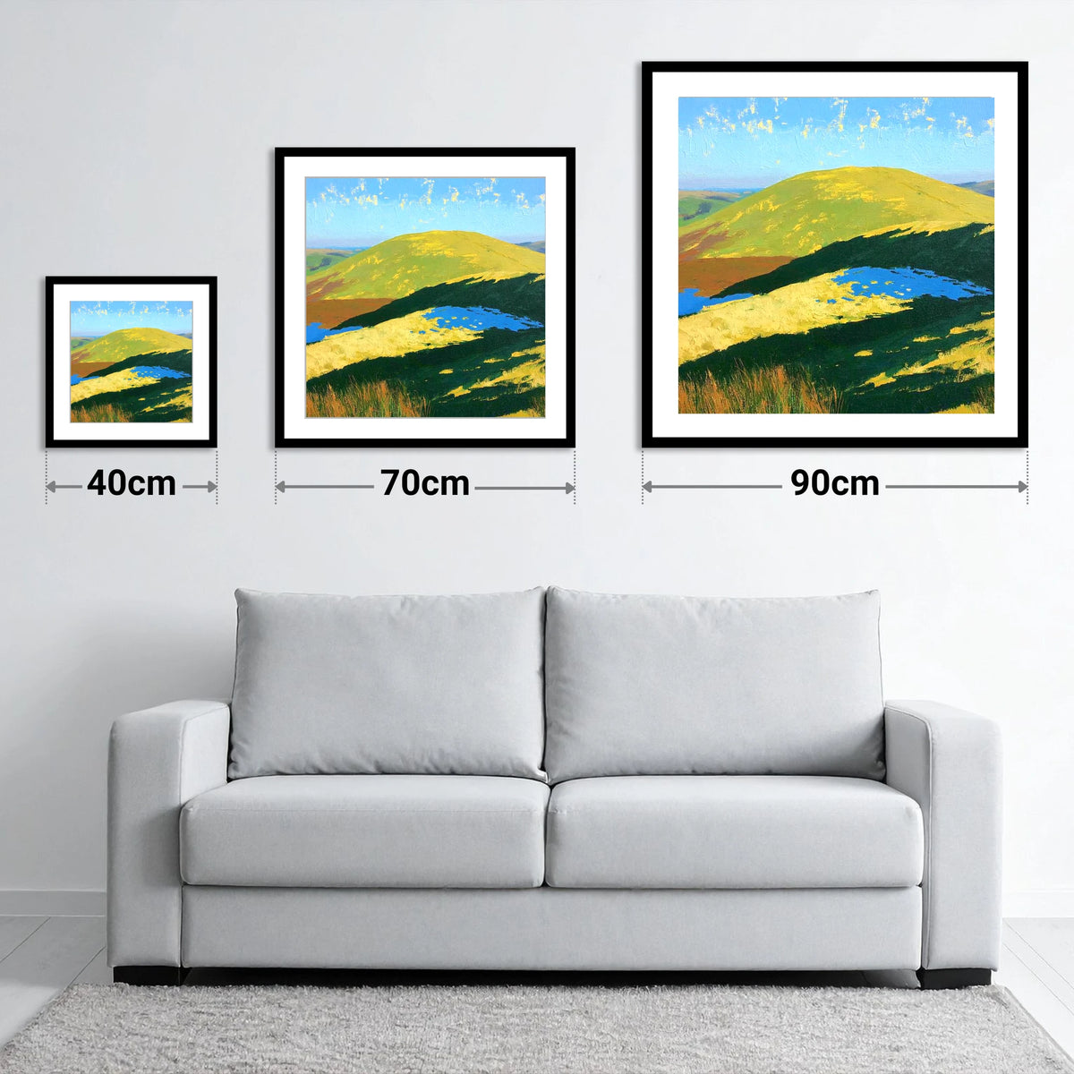 Sunlit Little Mell Fell - size guide showing 40cm, 70cm and 90cm art prints