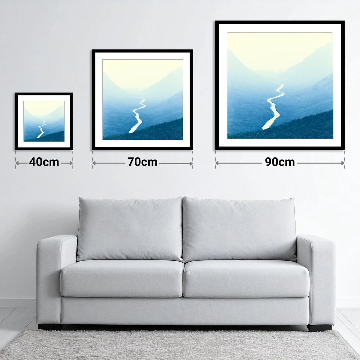 Blue Valley Winding River - size guide showing 40cm, 70cm and 90cm art prints