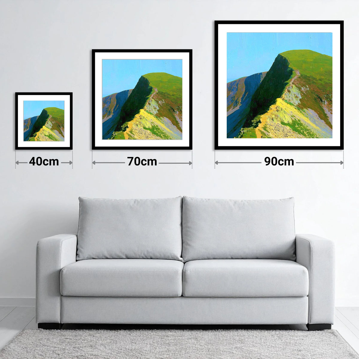 Sunlit Crag Hill Ridge Path - size guide showing 40cm, 70cm and 90cm art prints