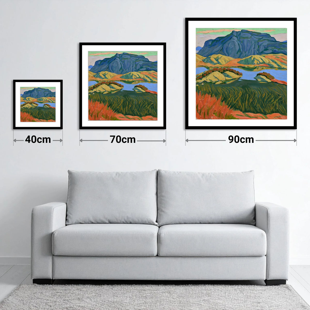 Bold Haystacks Over Dark Tarn - size guide showing 40cm, 70cm and 90cm art prints