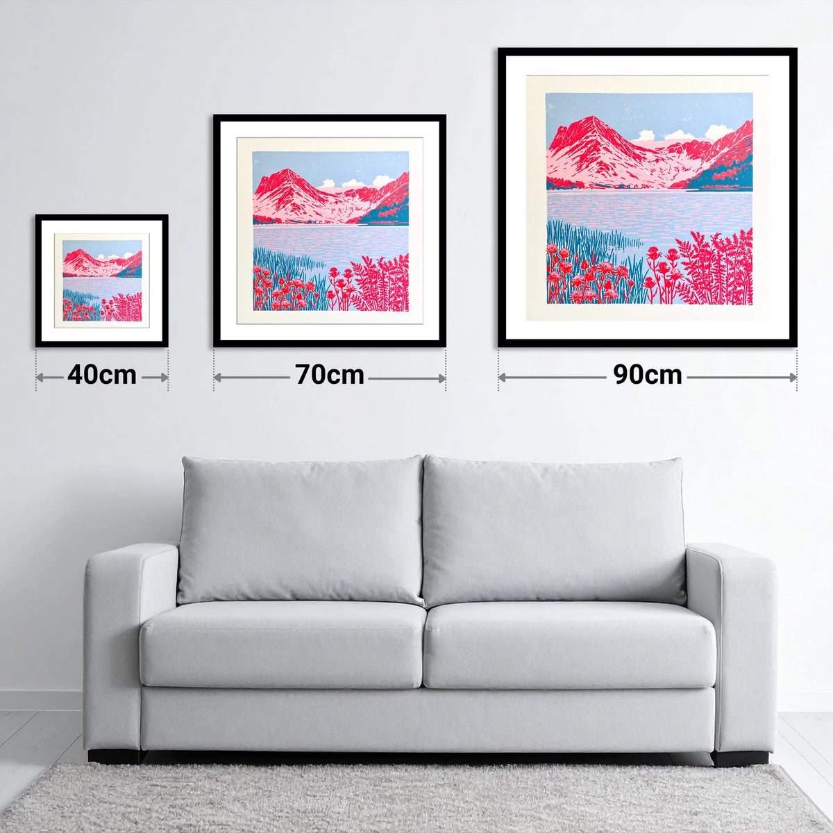 Bold Pink Fells of Buttermere - size guide showing 40cm, 70cm and 90cm art prints