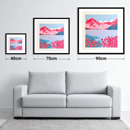Bold Pink Fells of Buttermere - size guide showing 40cm, 70cm and 90cm art prints