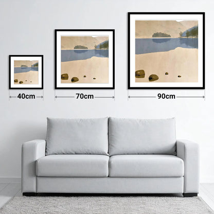 Mossy Boulders at Rydal Water - size guide showing 40cm, 70cm and 90cm art prints