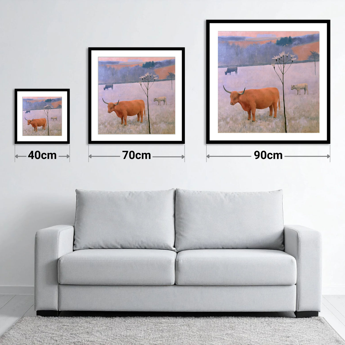 Highland Cattle on Frosted Fells - size guide showing 40cm, 70cm and 90cm art prints