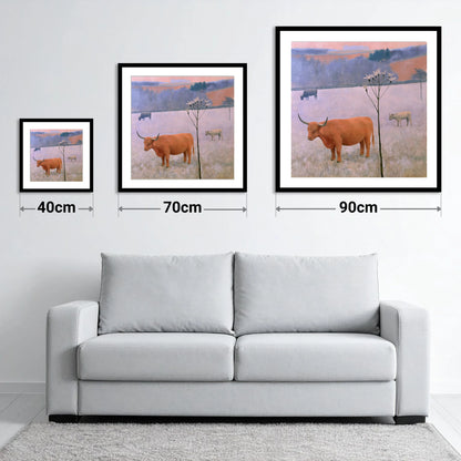 Highland Cattle on Frosted Fells - size guide showing 40cm, 70cm and 90cm art prints