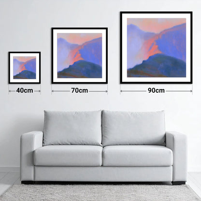 Misty Mountain Ridge in Pink Light - size guide showing 40cm, 70cm and 90cm art prints