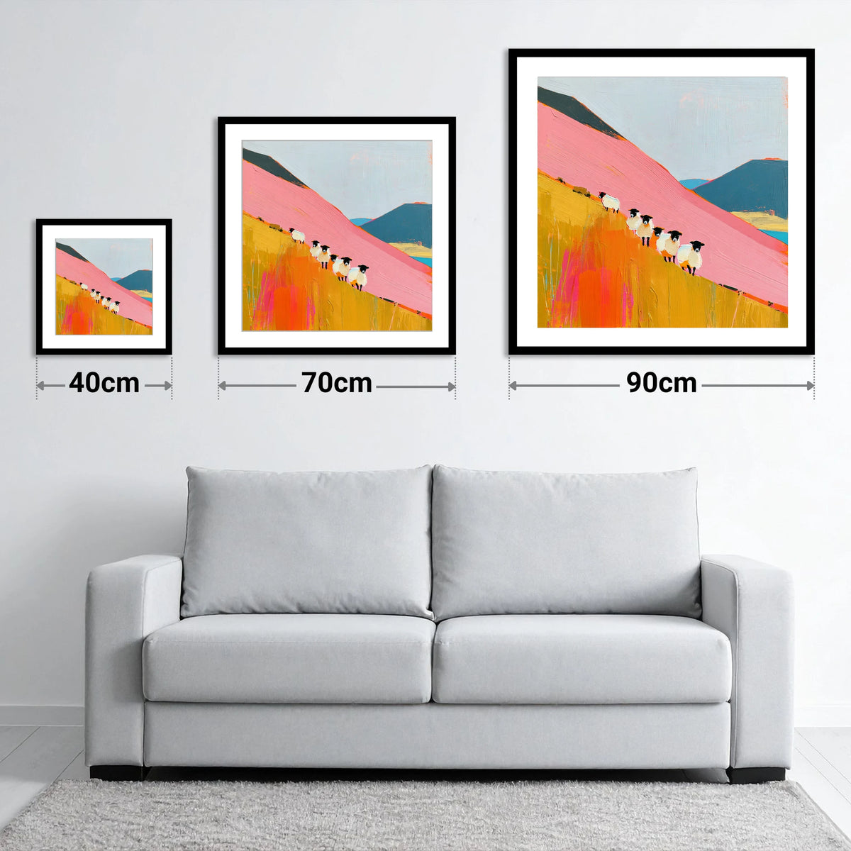 Vibrant Herdwick Sheep on Fellside - size guide showing 40cm, 70cm and 90cm art prints