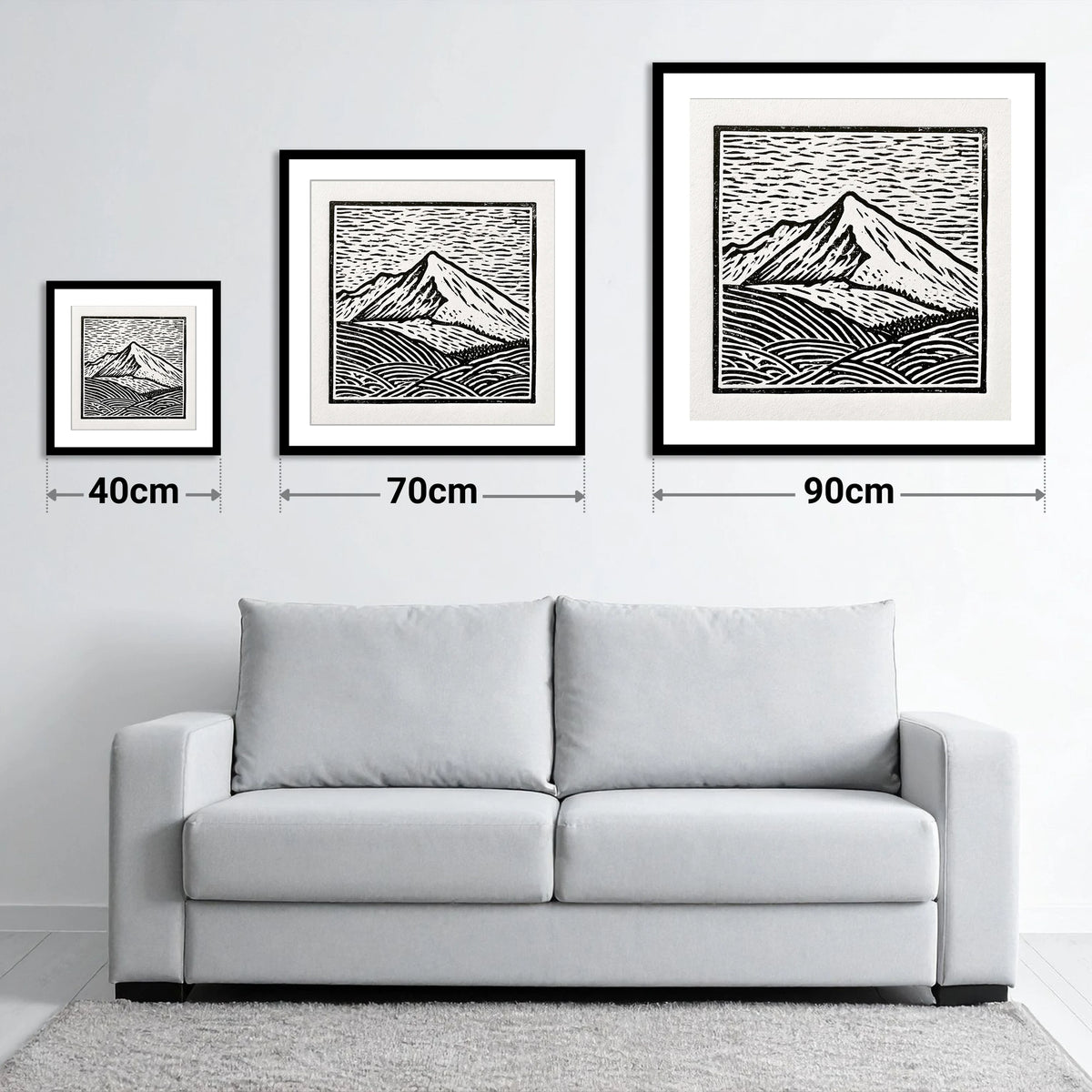 Stark Monochrome Skiddaw Peak - size guide showing 40cm, 70cm and 90cm art prints