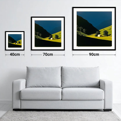 Sunlit Farmhouse in a Green Valley - size guide showing 40cm, 70cm and 90cm art prints