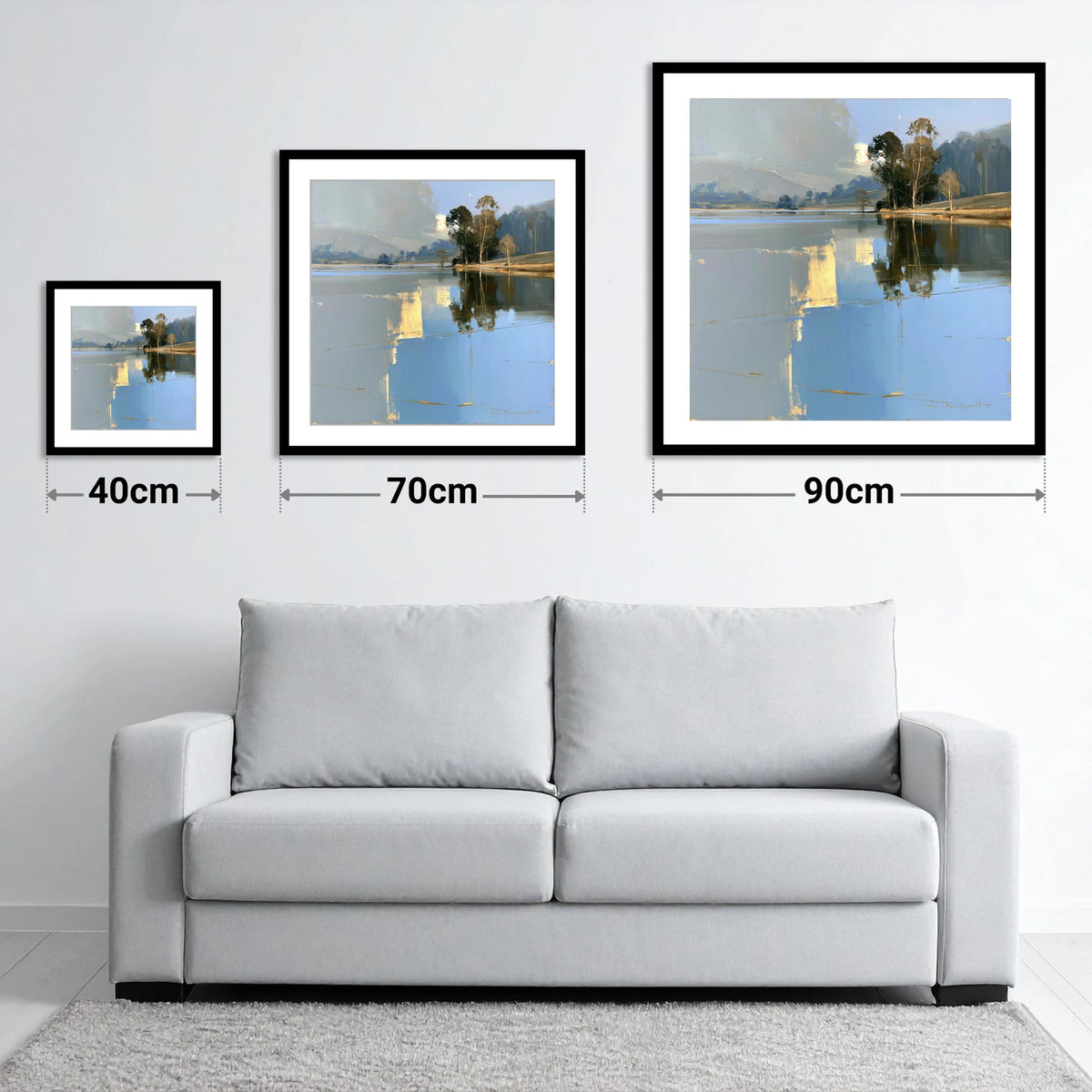 Calm Lake with Golden Reflections - size guide showing 40cm, 70cm and 90cm art prints