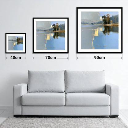 Calm Lake with Golden Reflections - size guide showing 40cm, 70cm and 90cm art prints