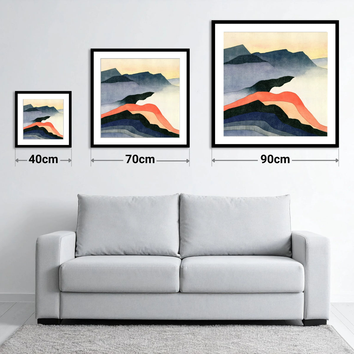 Terracotta Layered Summit View - size guide showing 40cm, 70cm and 90cm art prints