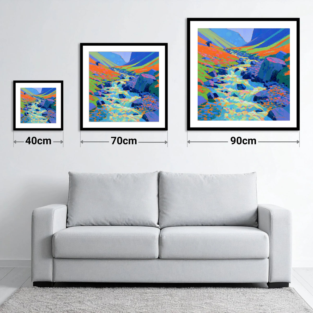 Vivid Flowing Fellside Beck - size guide showing 40cm, 70cm and 90cm art prints