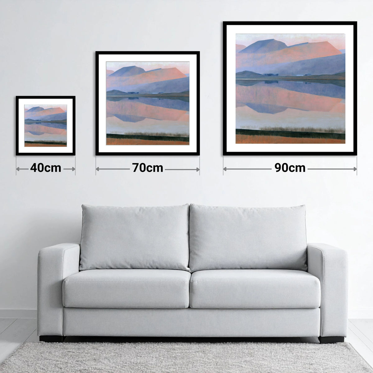 Pastel Fells and Lake Reflection - size guide showing 40cm, 70cm and 90cm art prints