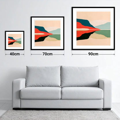 Contemporary Calm Lake Reflections - size guide showing 40cm, 70cm and 90cm art prints