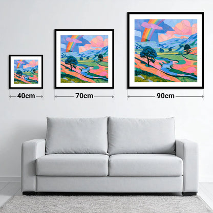 Lakeland Valley Rainbow After Rain - size guide showing 40cm, 70cm and 90cm art prints