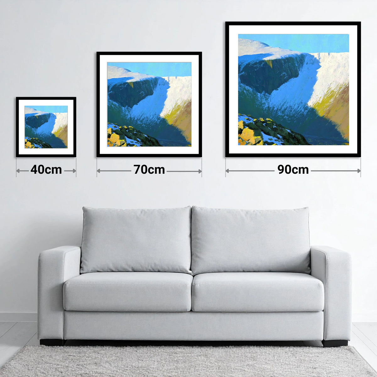 Sunlit Snow on Lingmell Crags - size guide showing 40cm, 70cm and 90cm art prints