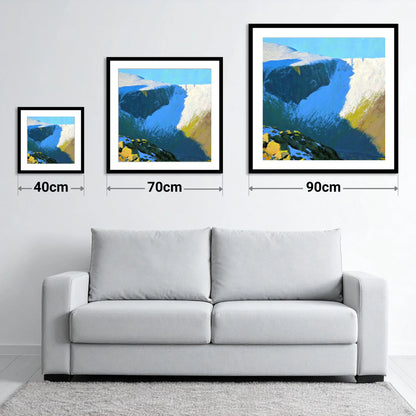 Sunlit Snow on Lingmell Crags - size guide showing 40cm, 70cm and 90cm art prints
