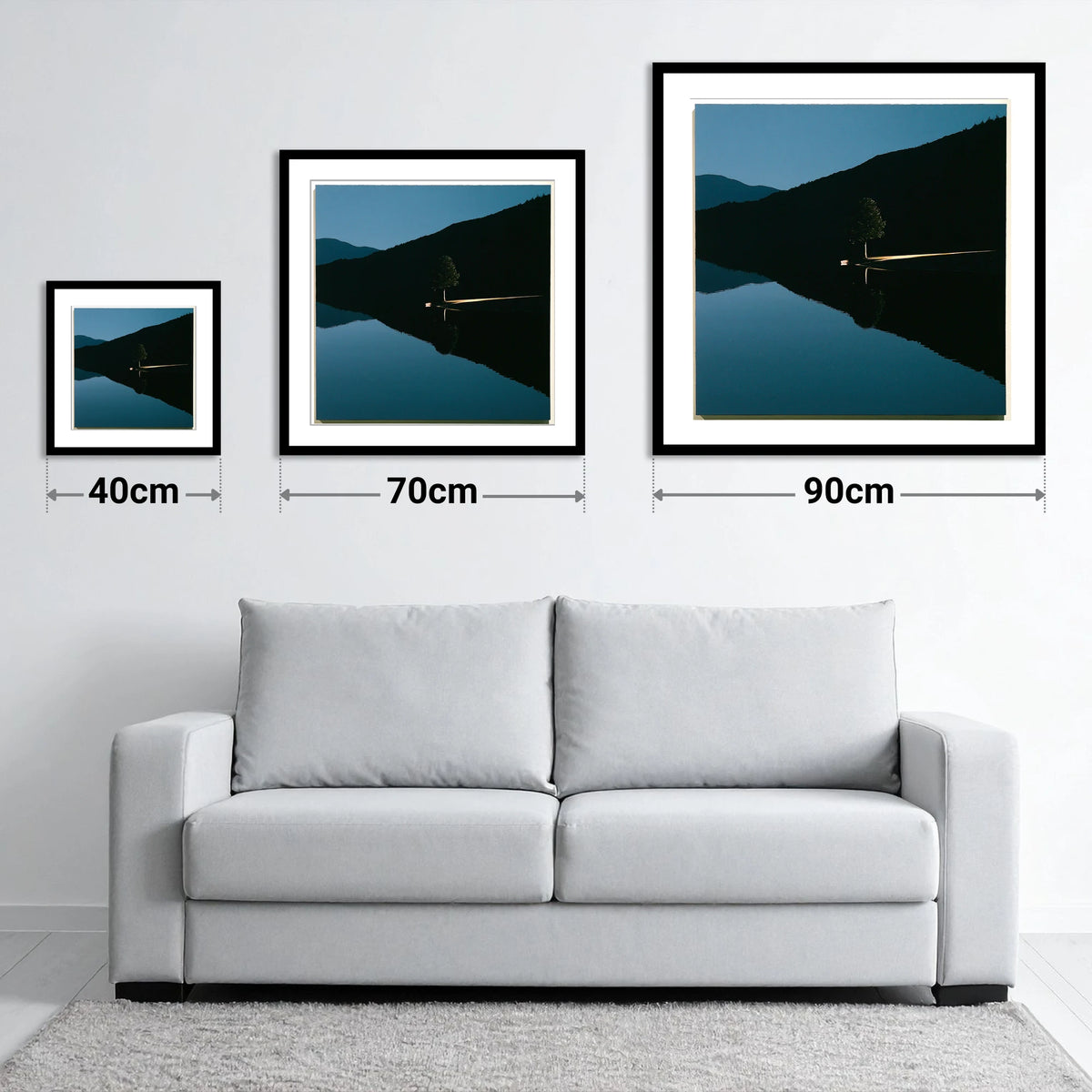 Illuminated Shore on Calm Lake - size guide showing 40cm, 70cm and 90cm art prints