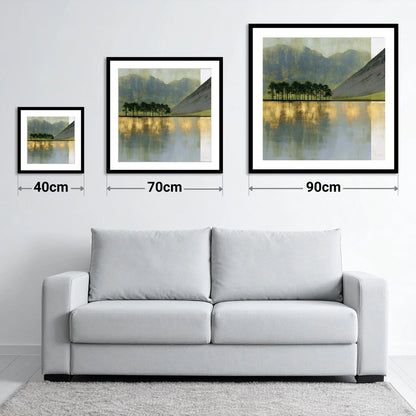 Buttermere Pines in Slate and Gold - size guide showing 40cm, 70cm and 90cm art prints