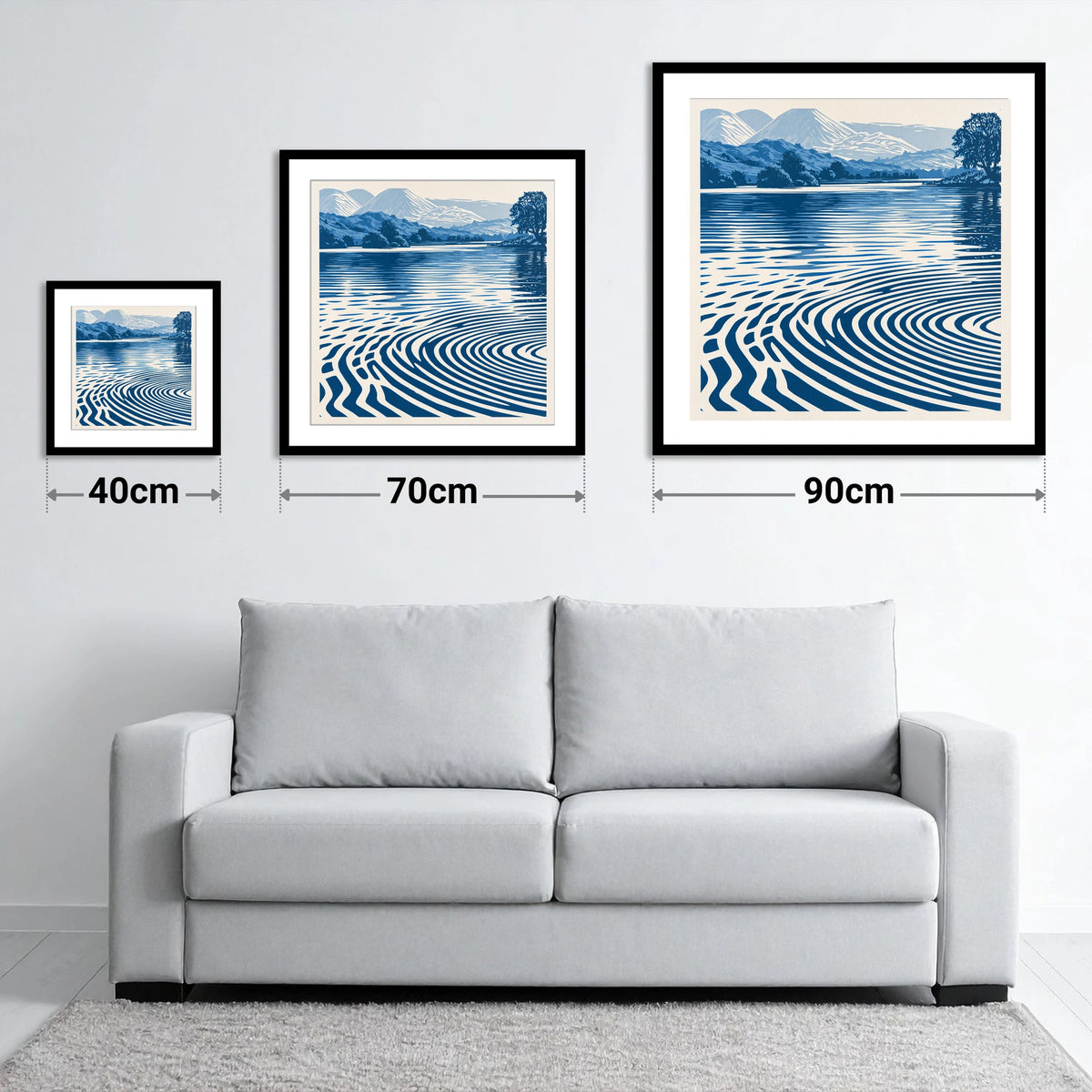 Calm Lake Ripples in Cobalt - size guide showing 40cm, 70cm and 90cm art prints