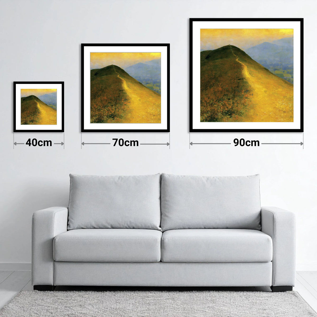 Sunlit Bracken on Catbells Ridge - size guide showing 40cm, 70cm and 90cm art prints