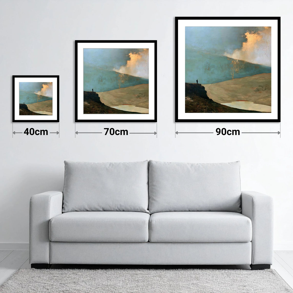 Helvellyn Beneath a Golden Cloud Break - size guide showing 40cm, 70cm and 90cm art prints