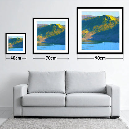 Vivid Sunlight on Walla Crag - size guide showing 40cm, 70cm and 90cm art prints