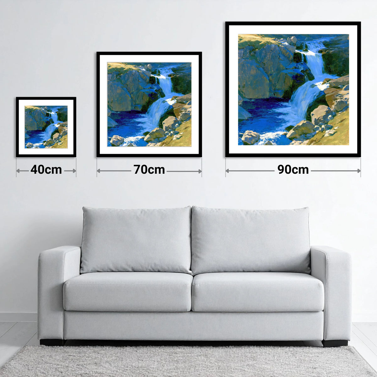 Cascading Waterfall over Sunlit Rocks - size guide showing 40cm, 70cm and 90cm art prints