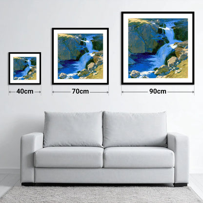 Cascading Waterfall over Sunlit Rocks - size guide showing 40cm, 70cm and 90cm art prints