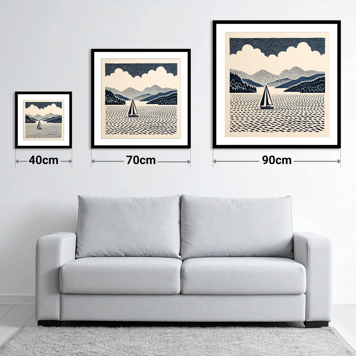 Windermere Sailboat in Deep Navy - size guide showing 40cm, 70cm and 90cm art prints