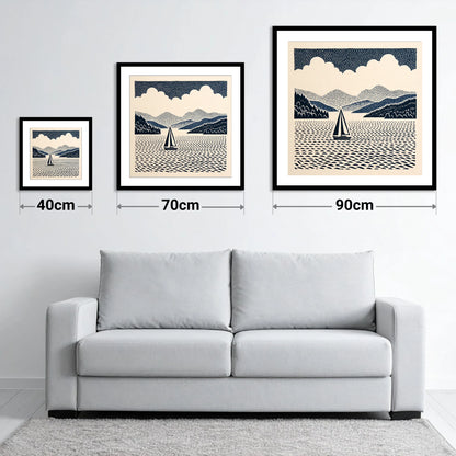 Windermere Sailboat in Deep Navy - size guide showing 40cm, 70cm and 90cm art prints