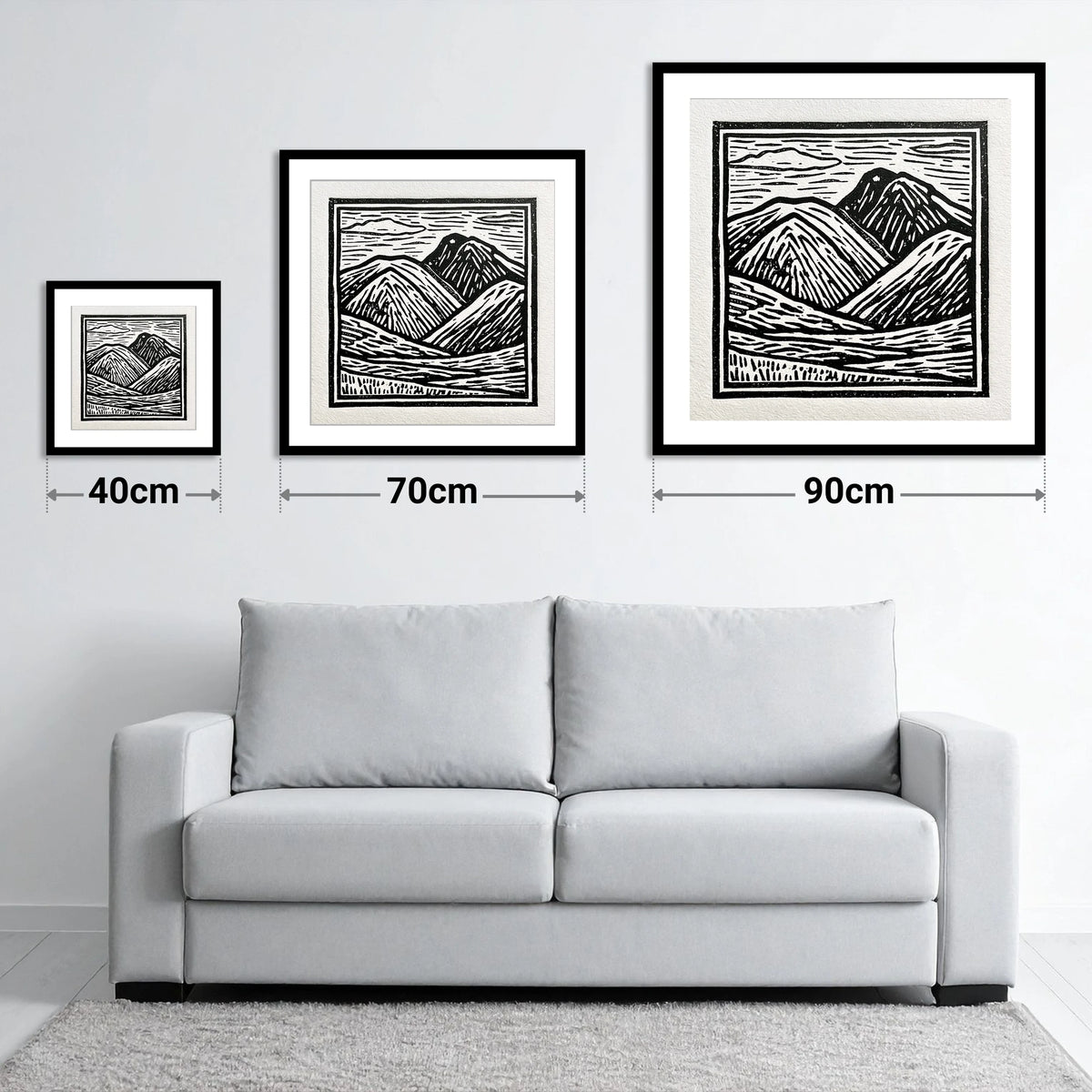 Bowfell in Stark Black and White - size guide showing 40cm, 70cm and 90cm art prints