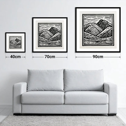 Bowfell in Stark Black and White - size guide showing 40cm, 70cm and 90cm art prints